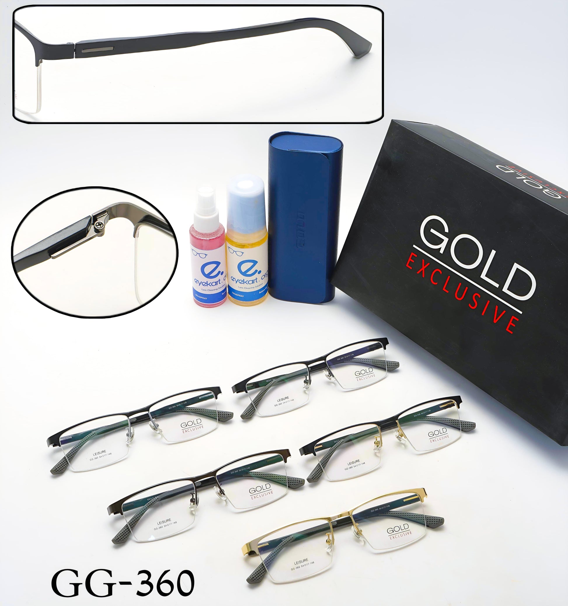 Set of eyeglasses with cleaning kit and Gold Exclusive packaging on a white background
