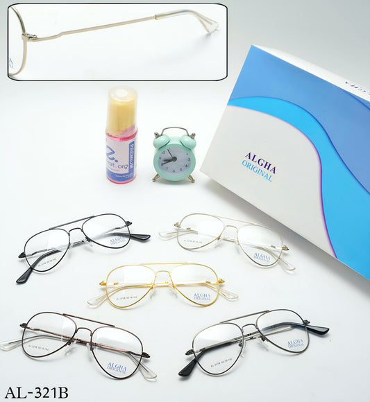 Collection of eyeglasses with a box and small items on a light gray background